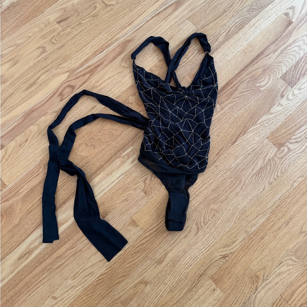 Free people black beaded sequin bodysuit with open tie back